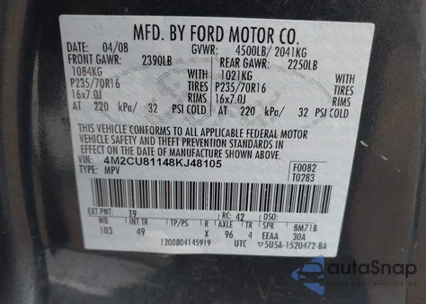 2008 Mercury Mariner V6 из США, поврежденный, VIN 4M2CU81148KJ48105